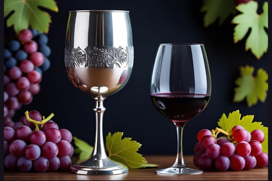 Large silver wine goblet next to a smaller glass of red wine, surrounded by grapes