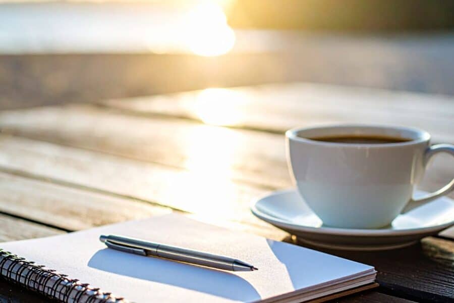 Notebook and coffee on tablet at sunrise